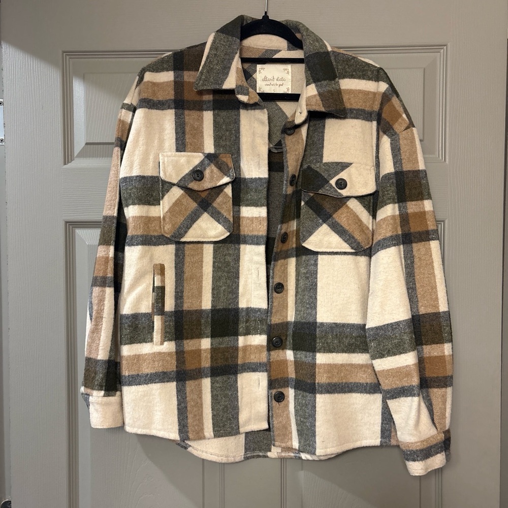 Altar'd State Cream and Brown Plaid Shirt Jacket